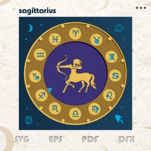 May include: A gold zodiac wheel with the Sagittarius constellation in the center. The wheel is surrounded by the 12 zodiac signs, each in a separate circle. The background is a dark blue with stars.