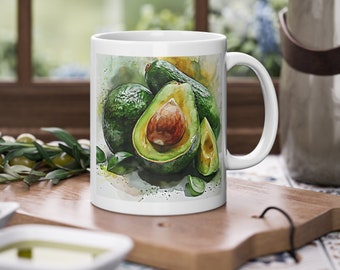 Vibrant artistic avocado mug in watercolor design, fresh natural theme.