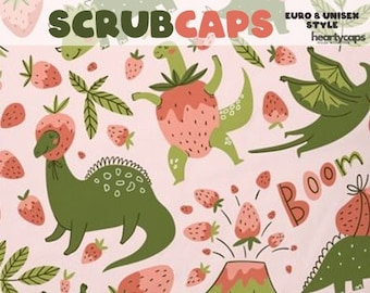 Strawberry Dinosaur Cute Pink Euro and Unisex style, Adjustable scrub cap, pediatric, chemo caps, surgical caps, OR nurse, scrub tech
