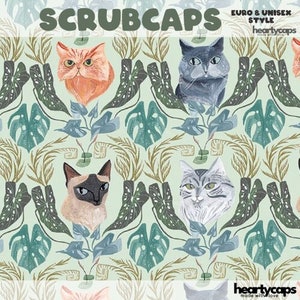 Vintage Cats & Plants Euro and Unisex style, Adjustable scrub cap, pediatric, chemo caps, surgical caps, OR nurse, scrub tech