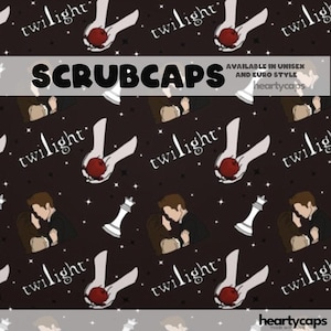 May include: Scrub caps with a repeating pattern of illustrations from the Twilight series. The design includes the word "twilight", a hand holding an apple, and images of the characters. The text "SCRUBCAPS" is displayed across the top.