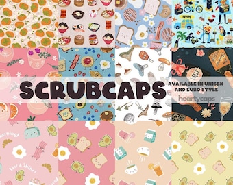 Breakfast & Brunch Varieties Euro and Unisex style, Adjustable scrub cap, pediatric, surgical caps, chemo caps, OR nurse, scrub tech