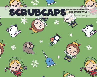 Christmas Movie Cartoon Santa Elf Euro and Unisex style, Adjustable scrub cap, pediatric, chemo caps, surgical caps, OR nurse, scrub tech