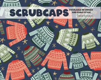 Christmas Sweaters Holiday Euro and Unisex style, Adjustable scrub cap, pediatric, chemo caps, surgical caps, OR nurse, scrub tech