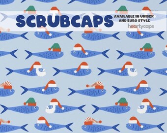 Christmas Fish Tuna Holiday Euro and Unisex style, Adjustable scrub cap, pediatric, chemo caps, surgical caps, OR nurse, scrub tech