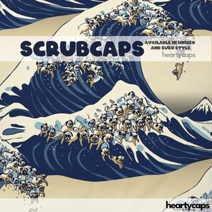 May include: Scrub caps with a design of pugs on waves, inspired by the Japanese artwork "The Great Wave off Kanagawa." The caps are available in unisex and Euro styles. The text "SCRUBCAPS" is displayed prominently. The brand name is "heartycaps".