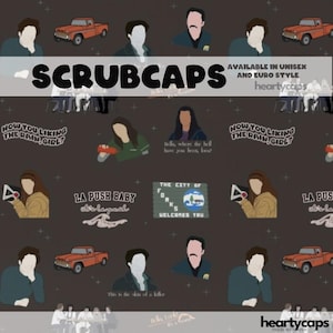May include: Scrub caps with a repeating pattern of characters, a red truck, and text from a popular movie. The caps are available in unisex and Euro style. The background is dark gray.