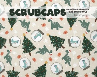 Snowglobe Dino Christmas Euro and Unisex style, Adjustable scrub cap, pediatric, chemo caps, surgical caps, OR nurse, scrub tech