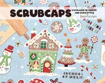 Christmas Blue Gingerbread Holiday Euro and Unisex style, Adjustable scrub cap, pediatric, chemo caps, surgical caps, OR nurse, scrub tech
