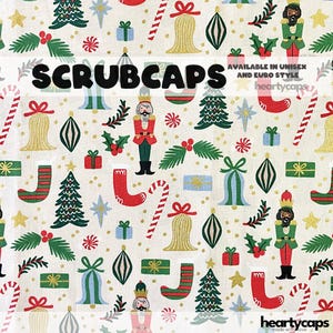 May include: A white scrub cap featuring a festive Christmas pattern. The design includes green Christmas trees, red stockings, gold bells, and nutcrackers. The text "SCRUBCAPS" is across the center.