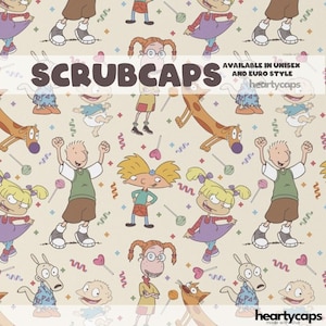 May include: Scrub caps featuring a repeating pattern of cartoon characters in different poses. The caps are available in unisex and Euro style. The background is a light beige colour with colourful confetti and heart-shaped lollipops.