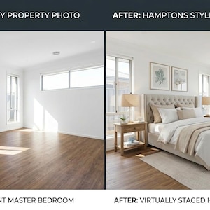 May include: A split image shows a before and after of a bedroom. The left side shows an empty room with wood floors and white walls. The right side shows a staged bedroom with a bed, nightstands, art, and plants. Text reads "BEFORE: EMPTY PROPERTY PHOTO" and "AFTER: HAMPTONS STYLE VIRTUAL STAGING".