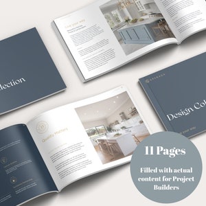 Peut inclure: Plusieurs brochures ouvertes et un livre fermé sont visibles, avec le texte "Design Collection" et "Grenada" sur la couverture. Les brochures présentent des images et du texte de design d'intérieur. Un graphique circulaire indique "11 Pages Filled with actual content for Project Builders."