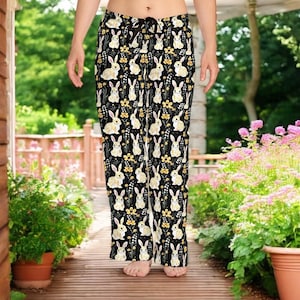 Bunny Lounge Pants for Women with Floral Print, Cute Rabbit Pajama Bottoms, Soft Comfy Sleepwear and Relaxed Fit Loungewear