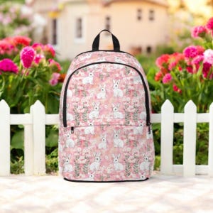 Pastel Pink Bunny Backpack, Cottagecore Rabbit Core Book Bag, Floral Bunny Print Bag, Cute Animal Backpack, Bunny Lover Gift, Kawaii Style