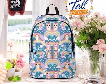 Mochila de gato arcoíris kawaii para niñas, mochila de gatito pastel, regalo adorable para amantes de los gatos, mochila escolar colorida para niñas.