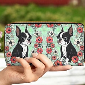 Lindo Boston Terrier, diseño artístico, billetera de viaje grande para mujer, cuero vegano, libre de crueldad animal, billeteras largas con cremallera, diseño ingenioso y lindo