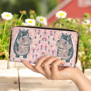 Cartera larga con estampado floral rosa pastel y dibujos de hipopótamos, bonita cartera con cremallera, monedero con estampado animal para mujer, cartera rosa kawaii de regalo.
