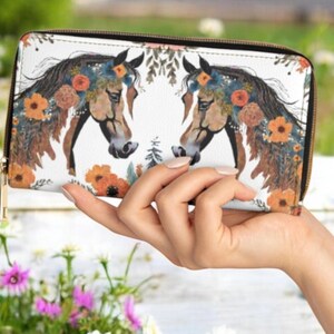 Cartera con cremallera con diseño floral bohemio, cartera de viaje grande y elegante, bonitos accesorios para caballos, regalo para amantes de los caballos, cartera larga con cremallera, cartera pequeña con cremallera