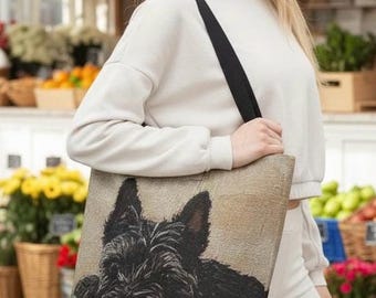 Bolsa de lona con diseño de terrier escocés, bolso de hombro de lona con diseño de perro escocés negro, regalo para amantes de los perros con estilo cottagecore