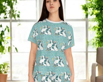 Bunny Pajama Set for Women, Cute Rabbit Short Sleeve PJs, Pastel Blue Sleepwear, Cottagecore Bunny Print, Bunny Lover Gift