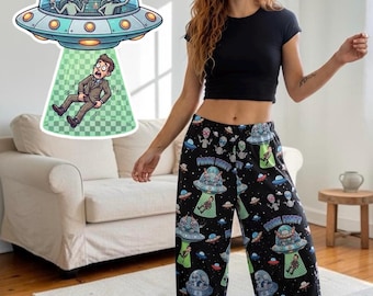 Alien Abduction Pajama Pants, Funny UFO Novelty Sleepwear, Sci Fi Flying Saucer Lounge Pants, Cow Abduction Print, Probe Party Loungewear