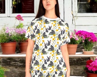 Conjunto de pijama de dos piezas de algodón con estampado de conejito y flores para mujer.