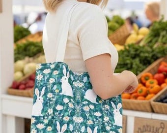 Draagtas konijn, draagtas Cottagecore Rabbit met bloemen, esthetische canvas tas, schattige draagtas lente voor vrouwen, cadeau voor haar