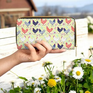Diseño artístico de pollo clásico Cuero vegano para mujer Cremallera larga sin creulty alrededor Carteras ingeniosas personalizadas Carteras grandes con cremallera Accesorio regalo