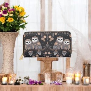 Barn Owl Wallet Vegan Leather Zip Around Women’s Wallet Clutch Purse with Woodland Night Owl Print, Gothic Boho Celestial Owl Lover Gift