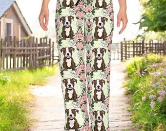 Women’s Pitbull Dog Lounge Pants – Floral Pit Bull Pajama Bottoms – Cute Dog Lover Loungewear – Cottagecore Pet Owner Gift