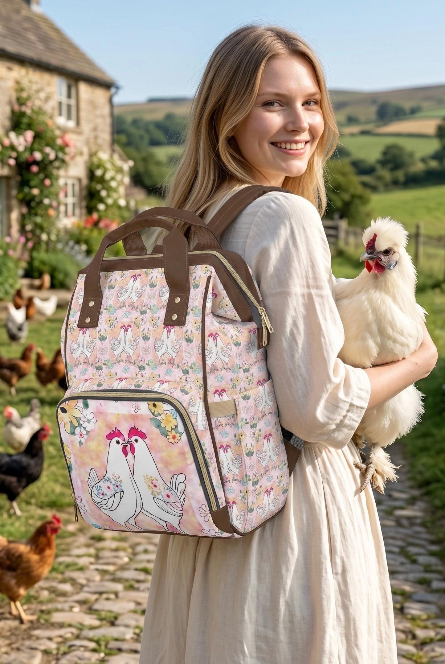 Vintage Floral Chicken Backpack for Women Girls Laptop Travel Camping Hiking Herdesigns Farm Rooster Laptop Backpack for Women Men, 18.3  main image 2
