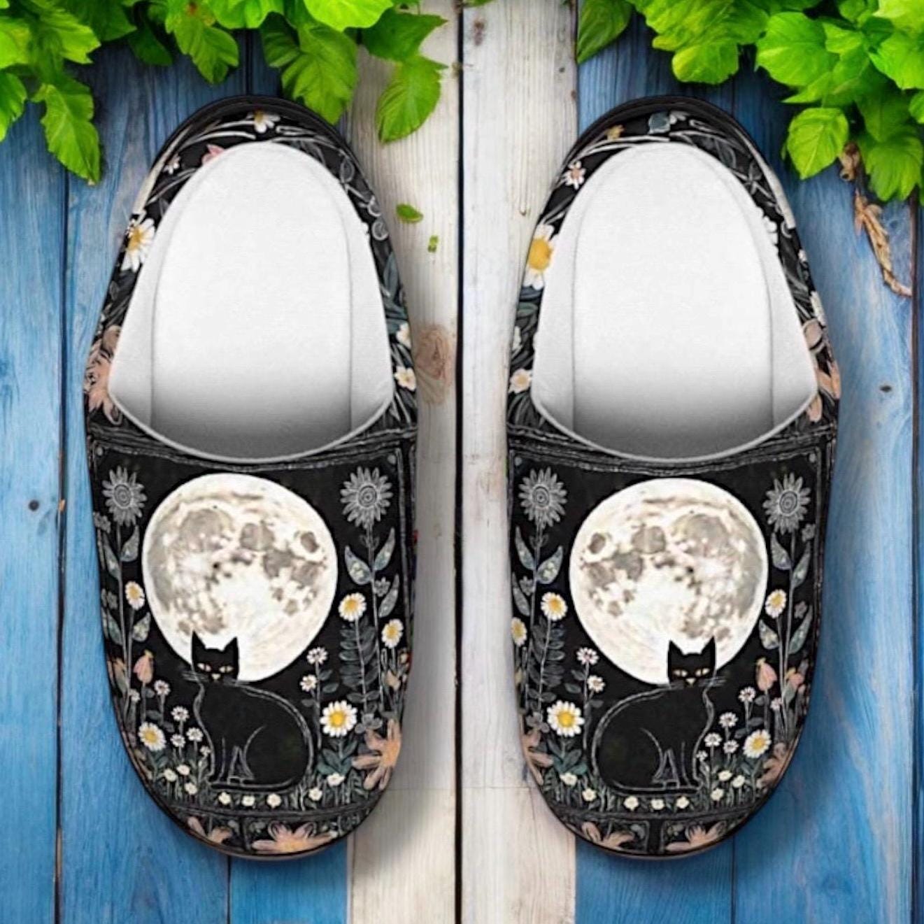 Celestial Black Cat Slippers, Floral Moon Cat House Shoes, Dark