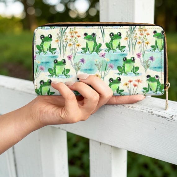 Frog Wallet for Women, Cute Froglet Print Zippered Purse, Kawaii