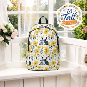 Botanical Bunny Core Backpack with Yellow Floral Print and Kissing Rabbits, Cottagecore Aesthetic School Bag for Girls or Bunny Lovers