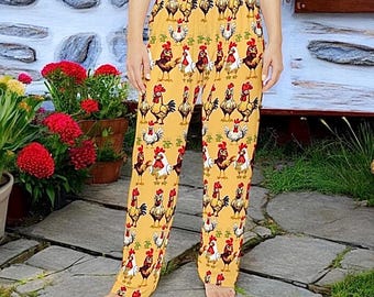 Funny Chicken Pajama Pants for Adults, Farm Animal Lounge Pants, Quirky Rooster Hen Sleepwear, Comfy Barnyard Loungewear