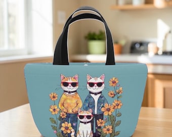 Kawaii Kat Lunchtas Geïsoleerde Lunch Tote Bloemen Kat Minnaar Lunchbox Magnetische Sluiting Herbruikbare Maaltijdtas voor Werkschool