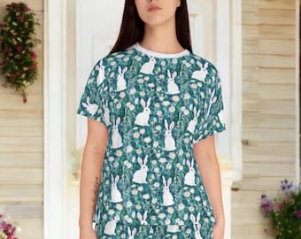 Hasen Print Pyjama Set Zweiteiler Teal Blumen Hase Nachtwäsche Damen