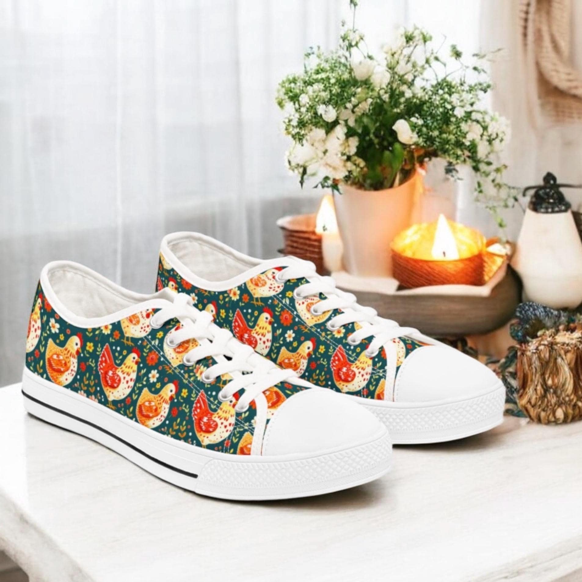 Chicken Print Sneakers Women, Botanical Hen Boho Print, Canvas