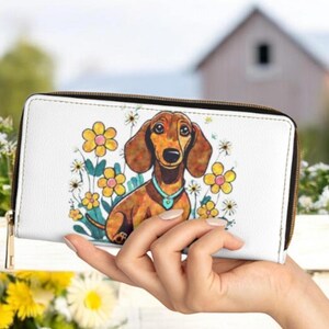 Cartera con cremallera, cartera de viaje de piel vegana con diseño artístico de perro salchicha, tarjetero, sin crueldad animal, regalo con estampado de perro salchicha, accesorio de moda