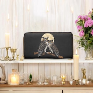 Great Horned Owl Wallet Vegan Leather Zip Around Women’s Clutch Purse with Night Owl Moon Print, Celestial Witchy Gothic Boho Owl Lover Gift