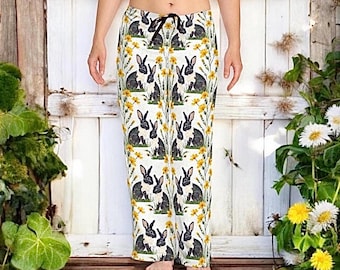 Pantalones de pijama de conejito para mujer, ropa de dormir de flores silvestres de primavera, lindos pantalones de estar por casa con conejitos, idea de regalo de Pascua