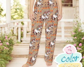 Womens Horse Pajama Pants Cottagecore Floral Equestrian Lounge Pants Cozy Country Sleep Pants Gift for Her