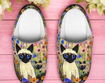 Siamese Cat Slippers, Whimsical Floral Cat Clog Women, Cottagecore Cat Mom Slip On Shoes, Blue Eyed Siamese Slipper, Siamese Cat Gift