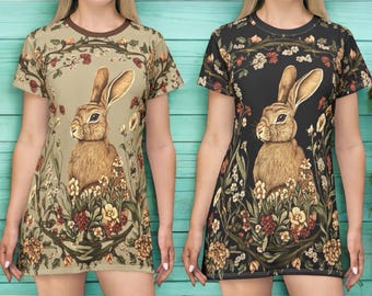 Cottagecore Bunny Floral Print Oversized Sleep Shirt, Rabbit Lounge Dress Nightshirt, Cozy Relaxed Fit Pajama Dress