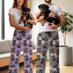 Pantalones de pijama divertidos de Rottweiler, pijamas de cachorros Rottweiler con gafas, pantalones de descanso con estampado de pañuelo y patchwork, pantuflas a juego, regalo para dueños de Rottweiler
