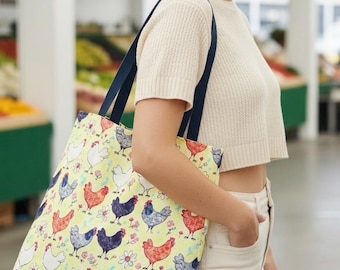 Farmcore Tote Bag, Watercolor Chicken Canvas Bag, Farm Girl Farmers Market Bag, Gift for Chicken Lover, Large Shoulder Bag