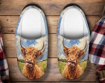 Funny Mens Highland Cow Slippers, Holy Cow Slip On Clogs, Scottish Cow House Shoes, Highland Cow Gift Him, Cozy Indoor Clogs