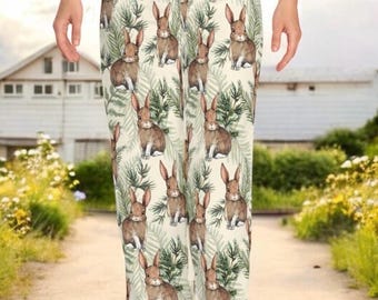 Bunny Pajama Pants for Women, Cute Rabbit Lounge Bottoms, Cottagecore Bunny Sleepwear, Woodland Floral Print, Bunny Lover Gift
