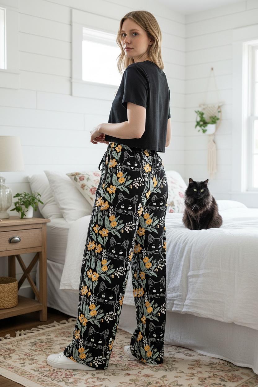 Black Cat Pajama Pants, Cottagecore Cat Lounge Pants, Cat Face